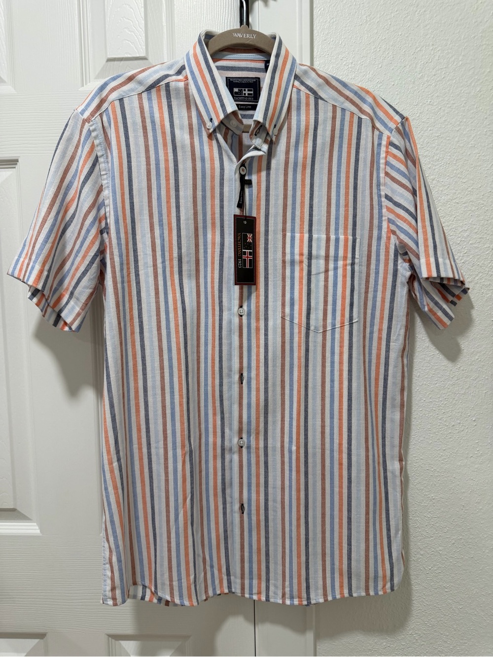 Men's Short-Sleeve Button-Down Stripe Shirt in White, Blue & Orange